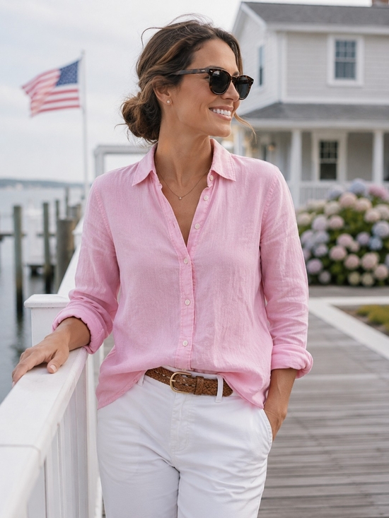 Lauren Ralph Lauren Tops - Vtg Lauren Ralph Lauren Linen Button Up Shirt L Pink L/S Preppy Classic
